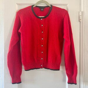 Vintage Red Limited Wool Cardigan Sweater Black Trim Cable Knit Buttons Small